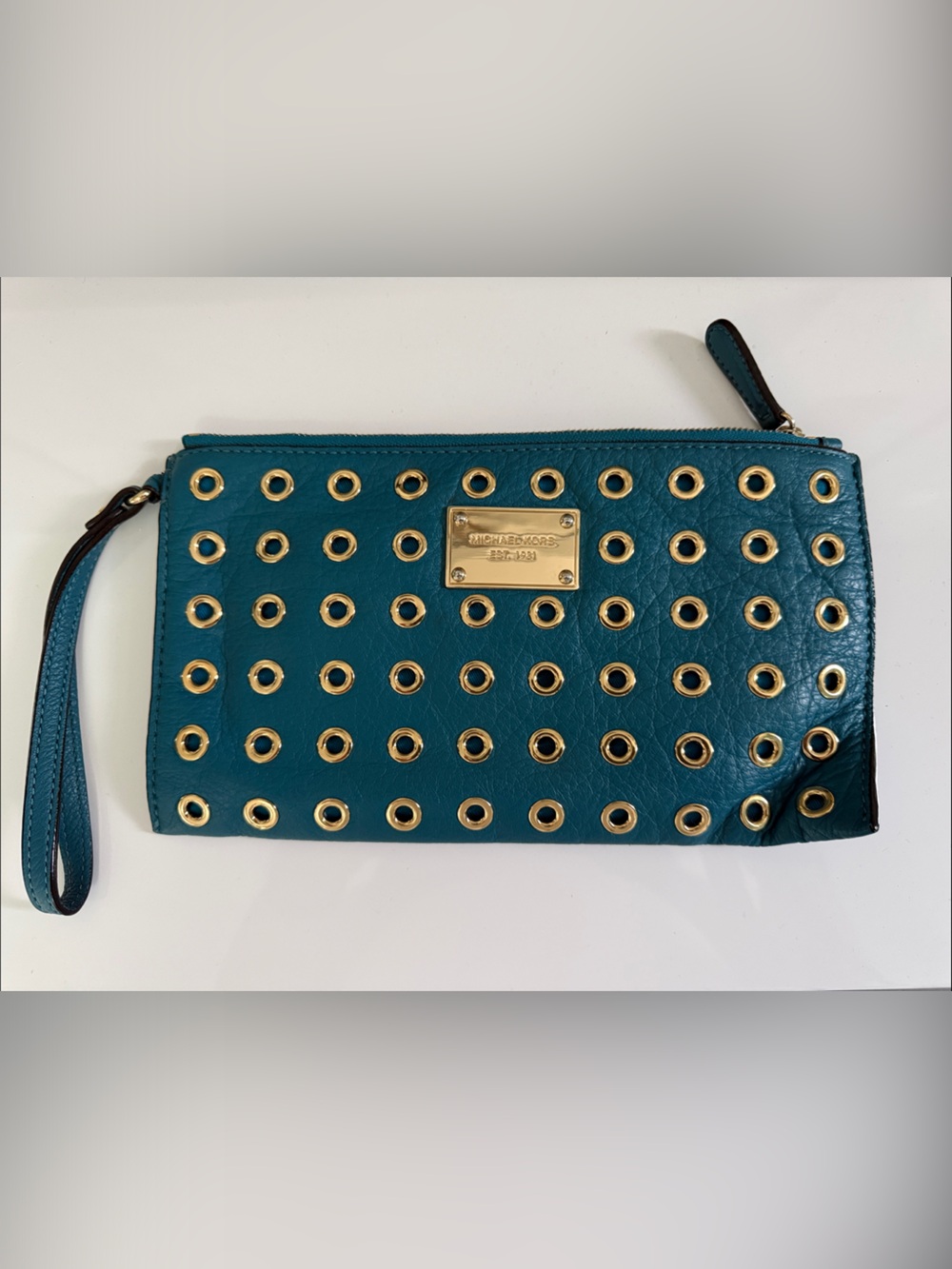 Michael Kors Teal Leather Eyelet Zip Wristlet with Gold Hardware